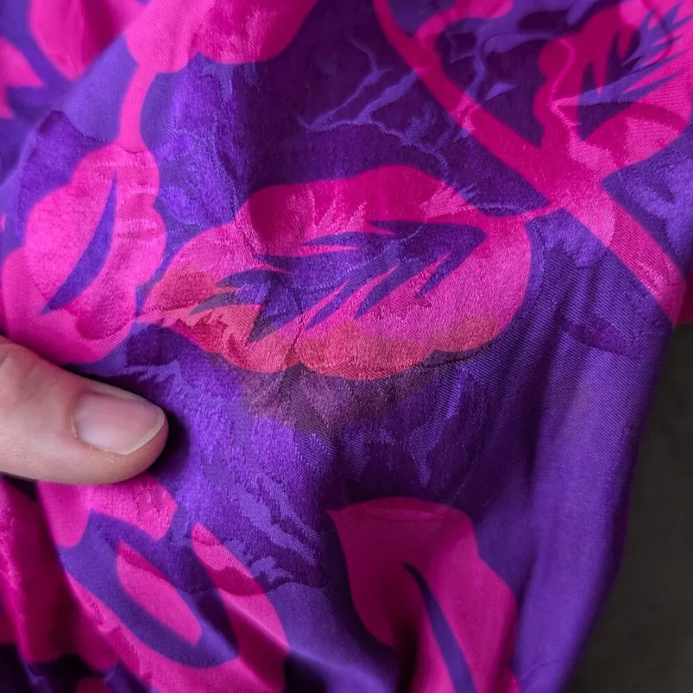 Vintage 80s Silk Raul Blanco Pink Purple Long Sleeve Midi Skirt Matching Set